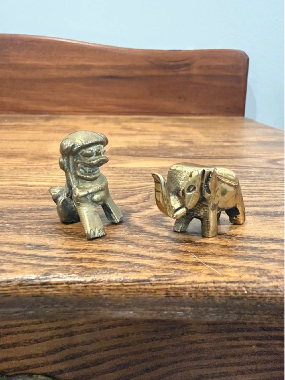 Vintage Brass Elephant & Foo Dog Guardian Lion Mini Figurines Set